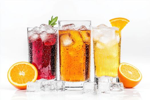 Three different types of drinks with ice and oranges photo