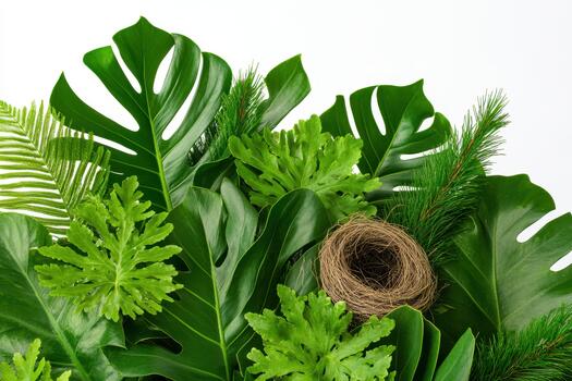 A bird nest in a nest of green leaves photo