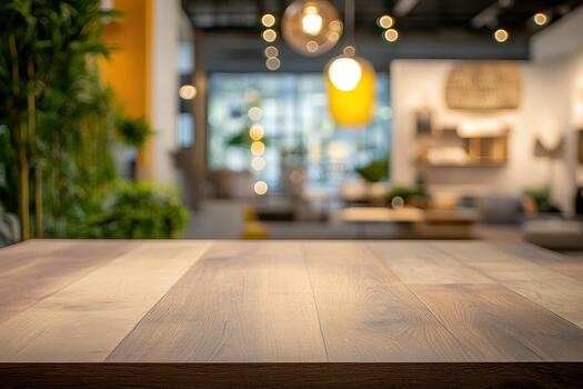 An empty table in a room with a lot of plants photo
