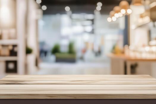 Empty wooden table top on a blurred background photo