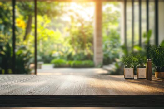 Wooden table with bottles and plants in front of a window photo