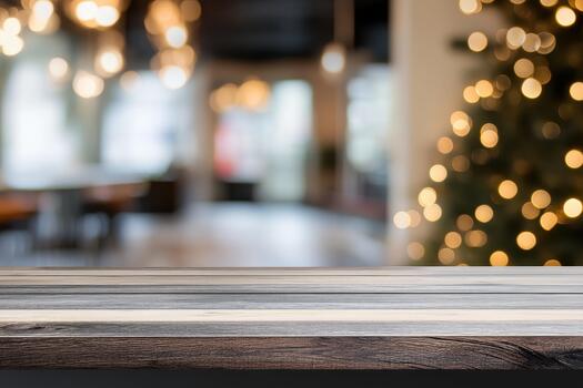 Empty table in a restaurant with blurred christmas lights photo