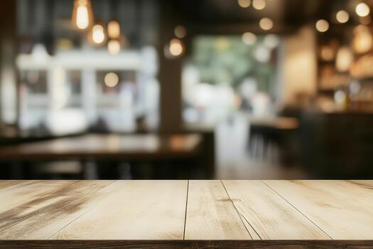 Empty wooden table top on blurred restaurant background photo