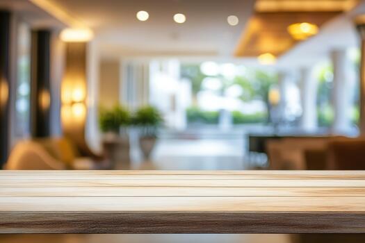 Empty wooden table in a hotel lobby photo