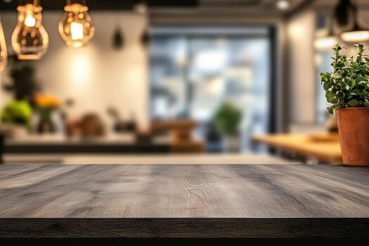 Table top with potted plant in front of a restaurant photo