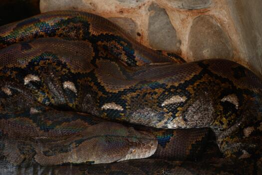 Detailed Close up of Coiled Reticulated Python Reptile in Enclosure photo