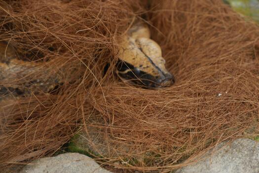 Close Up Partially Hidden Reticulated Python in Brown Nesting Material photo