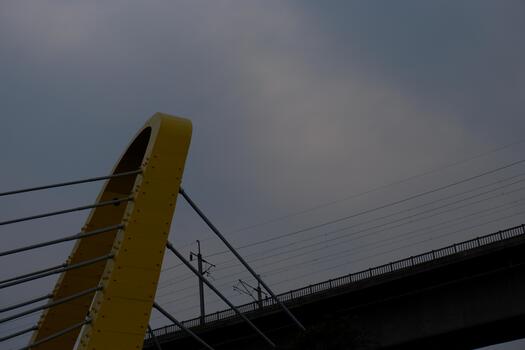 Modern Architecture Detail Of Yellow Bridge Structure And Support Cables photo