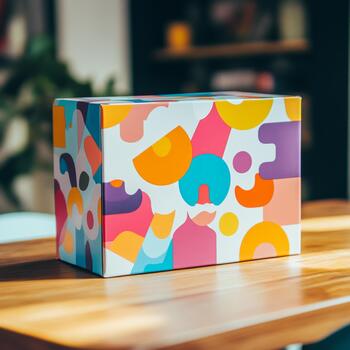 Colorful Abstract Patterned Box on Wood Table with Blurred Background photo