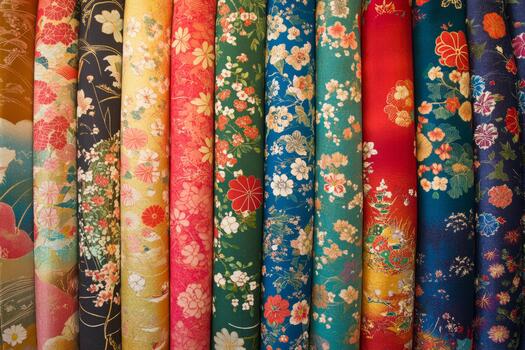 vibrante rollos de japonés tela mostrando floral patrones y Rico colores foto