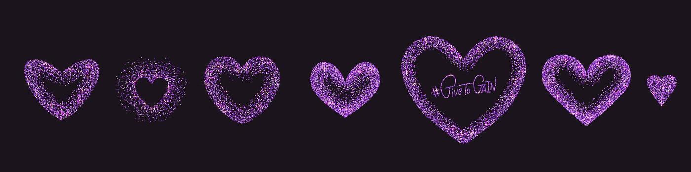 Set of violet glowing heart shape frames isolated on black background. Shiny frame with glowing effects fot 2026 IWD with slogan Give To Gain. illustration vector