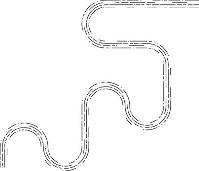 Element shows a winding dashed path characterized by curling irregular curves and softly flowing segment contours. vector