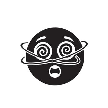 Dizzy emoji in monochrome spirals with orbiting lines conveying a sense of confusion disorientation and overwhelming dizziness and vert vector