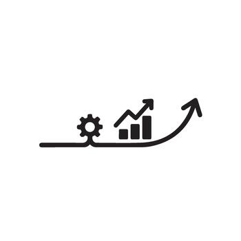 Minimalist line art depicting business growth with a gear transforming into an upward trending graph on a clean white background symbol vector