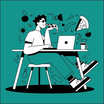 Character works on laptop and enjoys pizza in a green setting with lively elements vector
