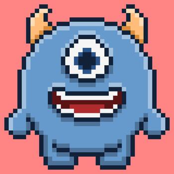 Adorable blue cyclops monster character designed in retro pixel art style. This cute 8-bit creature features a single large eye, small horns, and a friendly smile, perfect for mascot vector