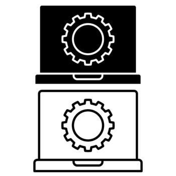 Laptop with gear icon symbolizing system settings, technical support, web development, configuration and technology services. vector