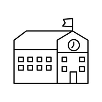 Line icon of a school building with flag and clock, symbolizing education, learning institution, campus, students, and academic environment. vector