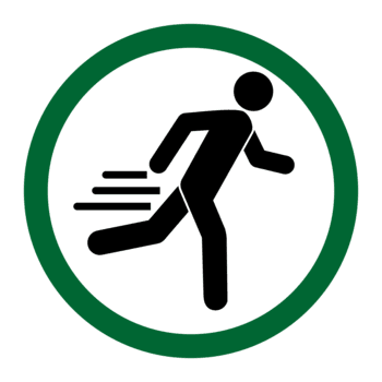 en slående piktogram av en person löpning med rörelse rader, uppsättning inuti en vibrerande grön cirkel, betecknande nödsituation utgång png