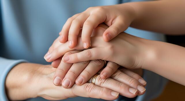 Close Up Shot Of Hands From Different Ages Together Showing Unity And Support photo
