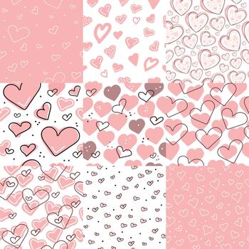 un colección de sin costura patrones para San Valentín día. un conjunto de patrones con dibujado a mano corazones. rosado antecedentes. vector