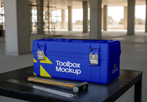 Realistic Toolbox Mockup Displayed on a Work Table with Tools psd
