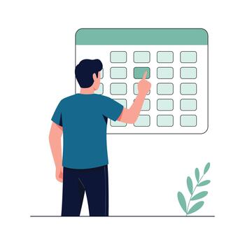 Flat illustration of Man pointing at a specific date on a large calendar grid, planning or scheduling an important event. vector