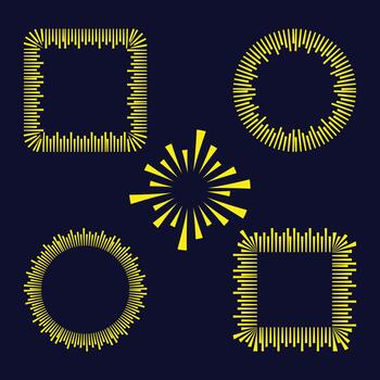 Sunblast abstract yellow frames border collection, square and circular frames with radiating lines. vector