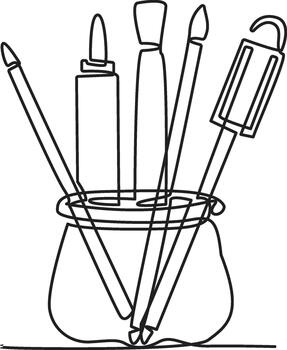 continuo línea dibujo de Arte suministros en un tarro creando un minimalista y creativo ambiente vector