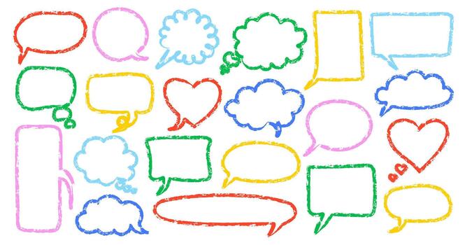 Chalk pencil speech bubbles set. Hand drawn colorful childlike crayon charcoal communication frame, text boxes, dialog balloons, comic talk balloon in sketch style. vector