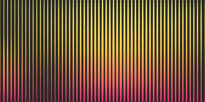 Neon spectral halftone gradation stripes. Radiant multicolor linear gradient background with glowing parallel lines and smooth rainbow density fade. vector