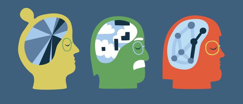 Heads of different people with brain memory loss problems. A set of illustrations of parts of the brain that are damaged by dementia in the elderly age. Alzheimer, dementia. Simple modern style. vector