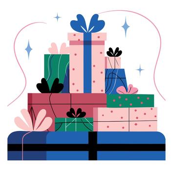 A stack of presents with a blue ribbon on top. The presents are in different colors and sizes vector