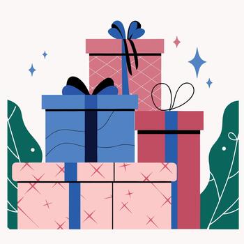A pile of presents with a blue one at the bottom, a pink one on top, and two others in between vector