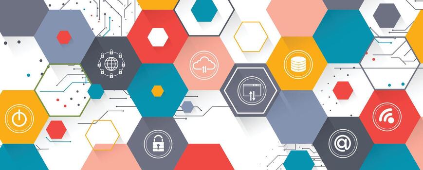 a colorful hexagon pattern with many different icons vector