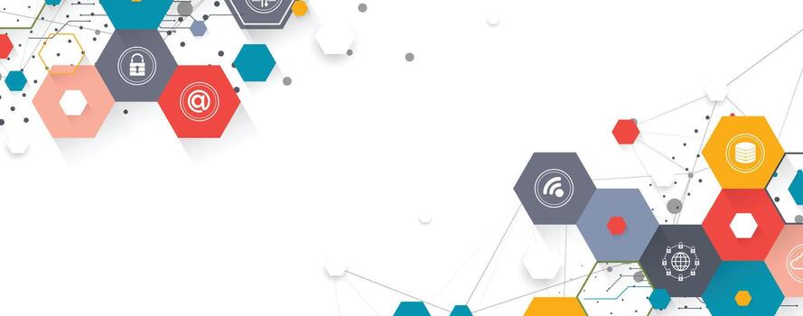 a colorful hexagon technology pattern with many different icons vector