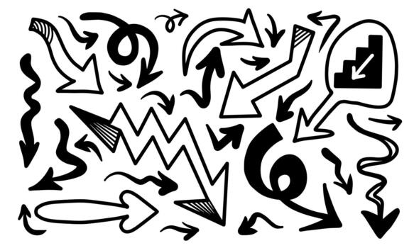 Set of simple lines hand drawn black arrows in various styles. Set of simple lines hand drawn black arrows. Various of simple lines arrows collection vector