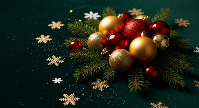 A festive arrangement of golden and red baubles, snowflakes, and pine branches on a green background. photo