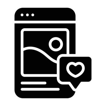Solid black mobile screen with image and heart, perfect for social platforms, engagement, digital interaction, and content feeds. vector