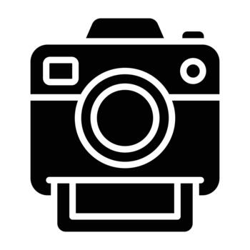 Solid black retro-style camera with lens, ideal for photography, content creation, travel visuals, and creative media projects. vector