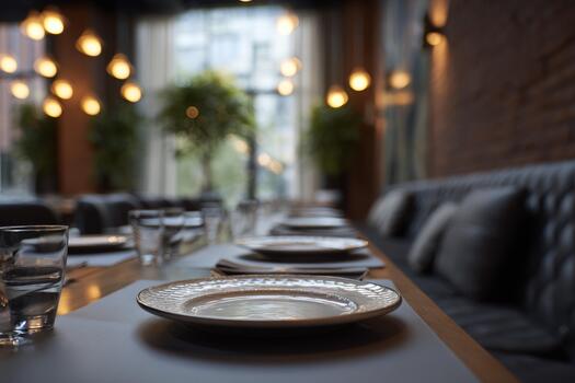elegante restaurante mesa ajuste con platos y lentes y borroso antecedentes foto