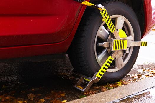 A red car with a Denver boot attached to its front wheel. The boot is yellow and black, indicating it is immobilized due to parking violations. Wet pavement and fallen leaves are visible. photo