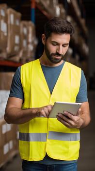 Warehouse worker in safety vest using digital tablet for inventory management at distribution center. Logistics employee checking stock data on mobile device at storage facility with cardboard boxes. photo