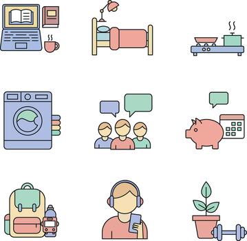 Daily Life Activity Line Color Icon Set vector