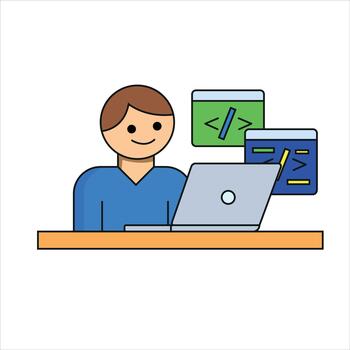 Flat Design Illustration of Developer Coder Working on Laptop vector