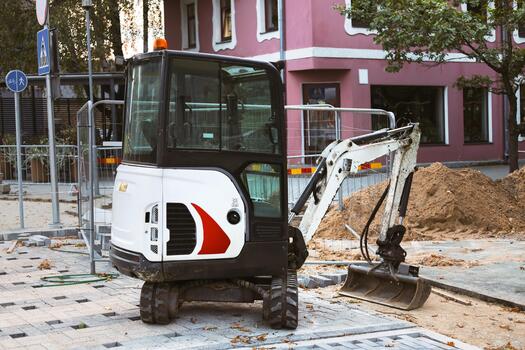 A mini excavator parked at a construction site in the city. The machine is decorated in white and red, with a cabin and bucket. Construction materials and fencing are visible on the site. photo