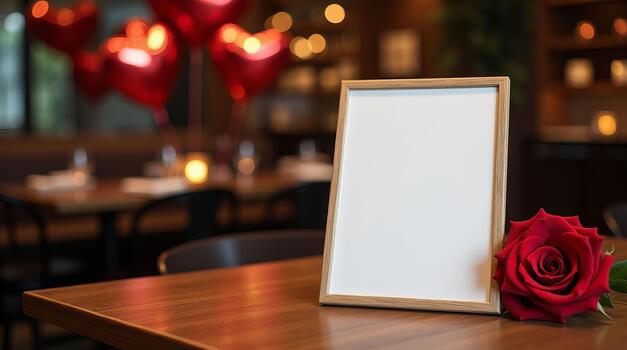 Menu template on table with red rose beside it, blurred heart-shaped balloons, and romantic restaurant background. Menu template, mockup for Valentine's Day for copy space photo