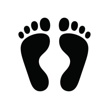 A distinct black outline icon showing two human footprints indicating direction or a path vector