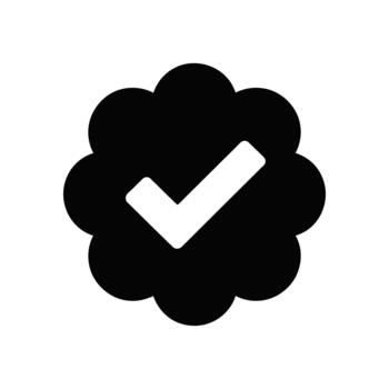 A verified black checkmark icon within a fluffy cloud shape indicates authenticity and approval status vector