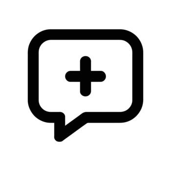 A black outline speech bubble icon featuring a plus sign suggesting new message or addition vector